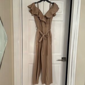 Beige linen belted jumpsuit